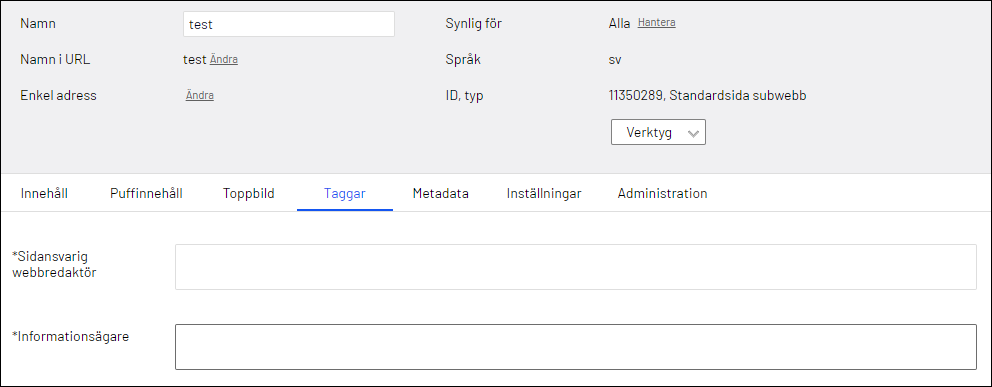 Fält med taggar för en sida
