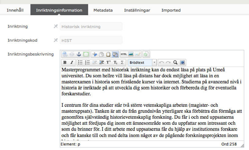 visar vilket fält i Epi-server du redigerar inritktningsbeskrivning 