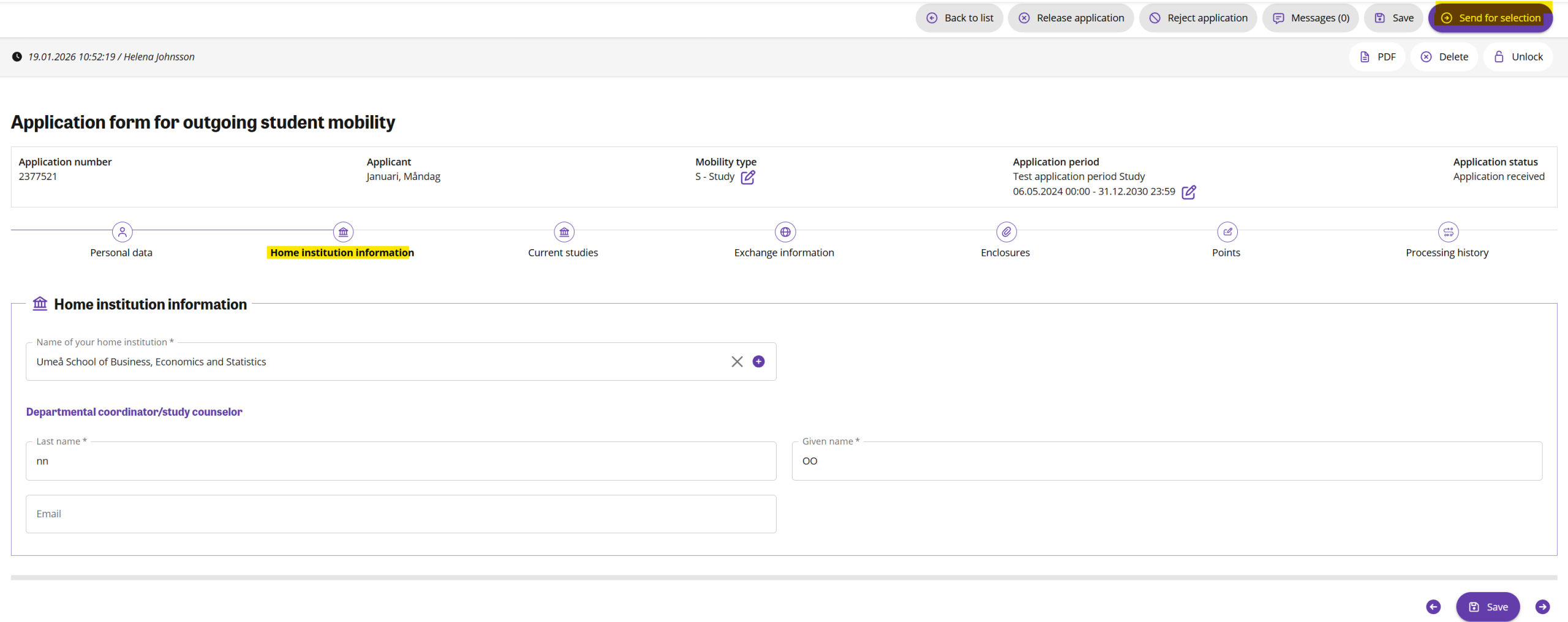 Home institution information IKP-send for selection