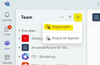 Bild som visar var du skapar ett nytt team