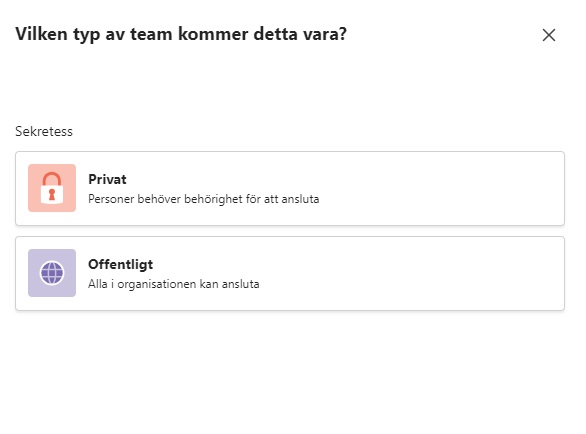 Bild som visar hur du väljer att skapa ett privat eller offentligt team