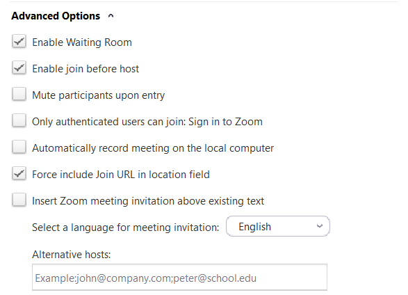 Advanced options Zoom