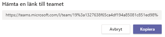 Länk att dela för att bjuda in medlem till Team