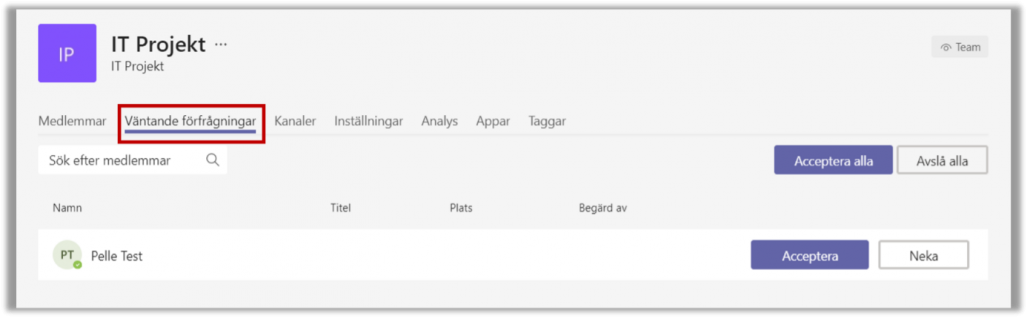 Väntande förfrågningar Teams