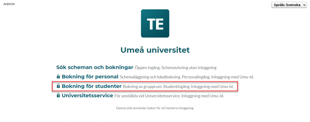 Välj Bokning för studenter