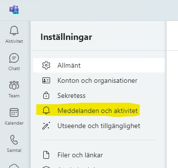 Bild som visar var du hittar aviseringsinställningar i Teams