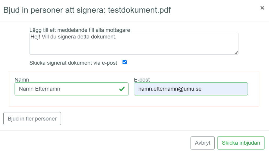 Bjud in till att signera dokument
