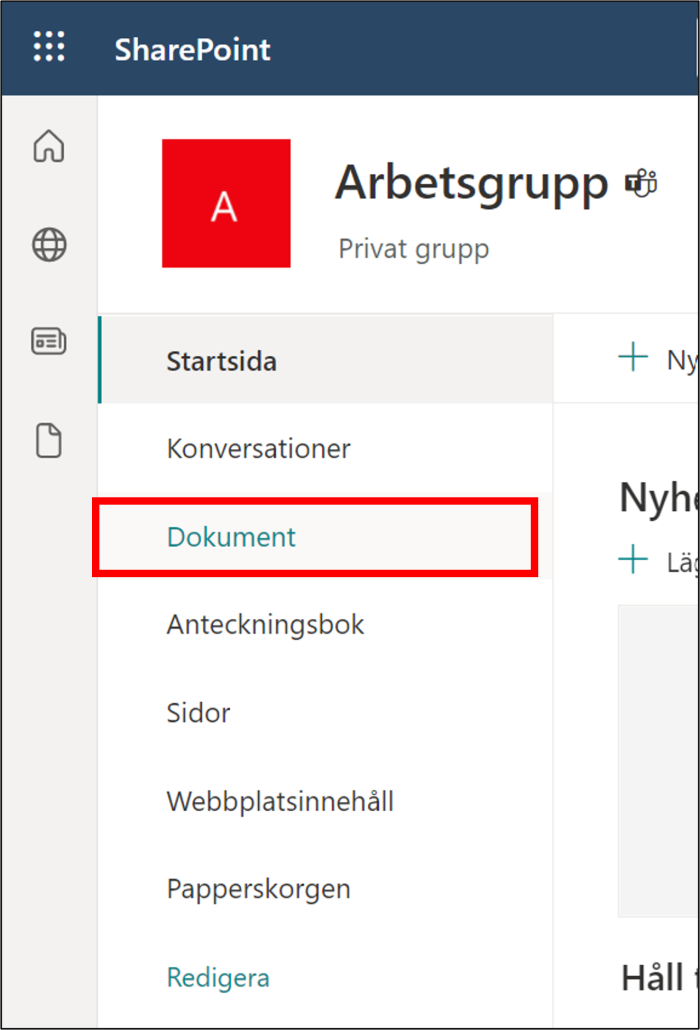 synkronisera filer från delat bibliotek via sharepoint - välj fliken dokument