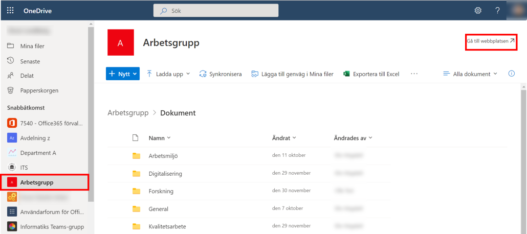 synkronisera filer från delat bibliotek via sharepoint - välj sharepoint gruppwebbplats - klicka gå till webbplatsen