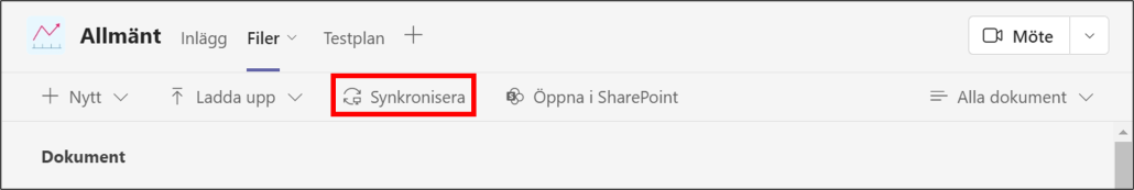 synkronisera filer från team - klicka på synkronisera