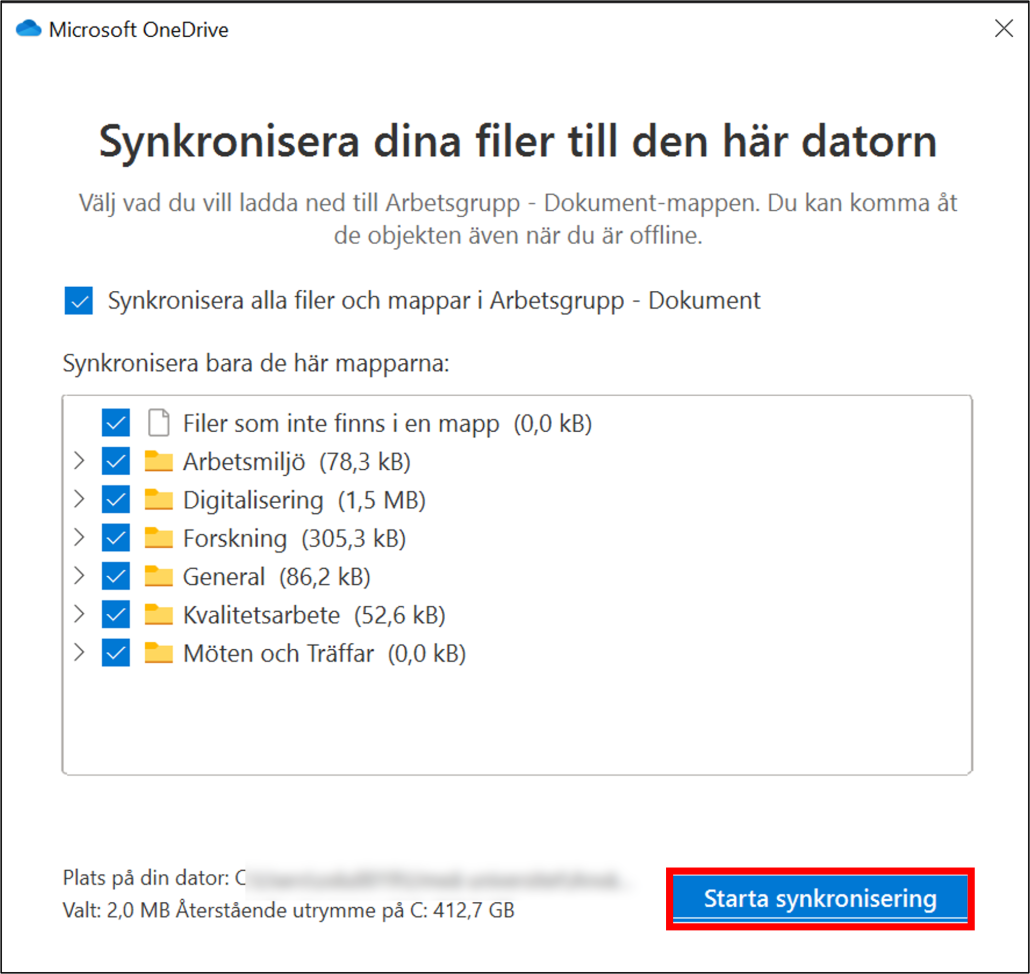 synkronisera filer från team - onedrive öppnas klicka starta synkronisering