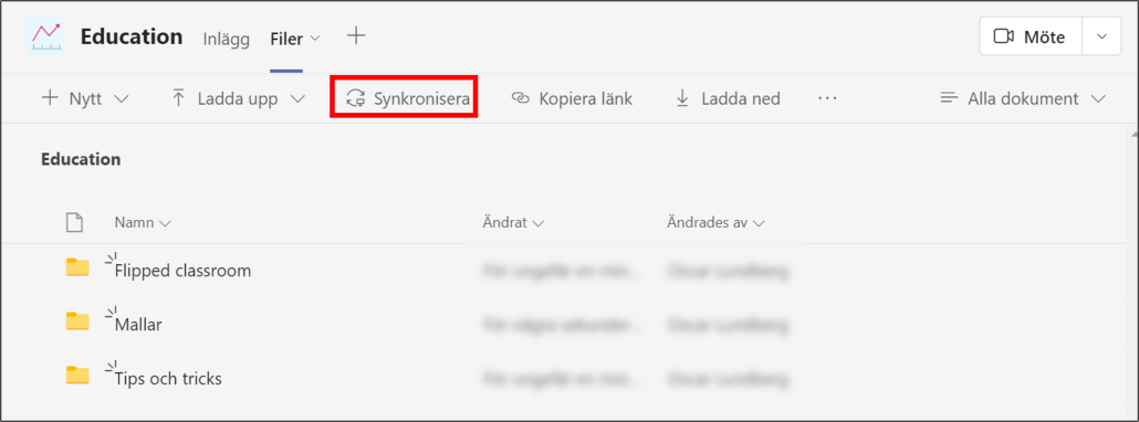 synkronisera filer från teamkanal - klicka på synkronisera