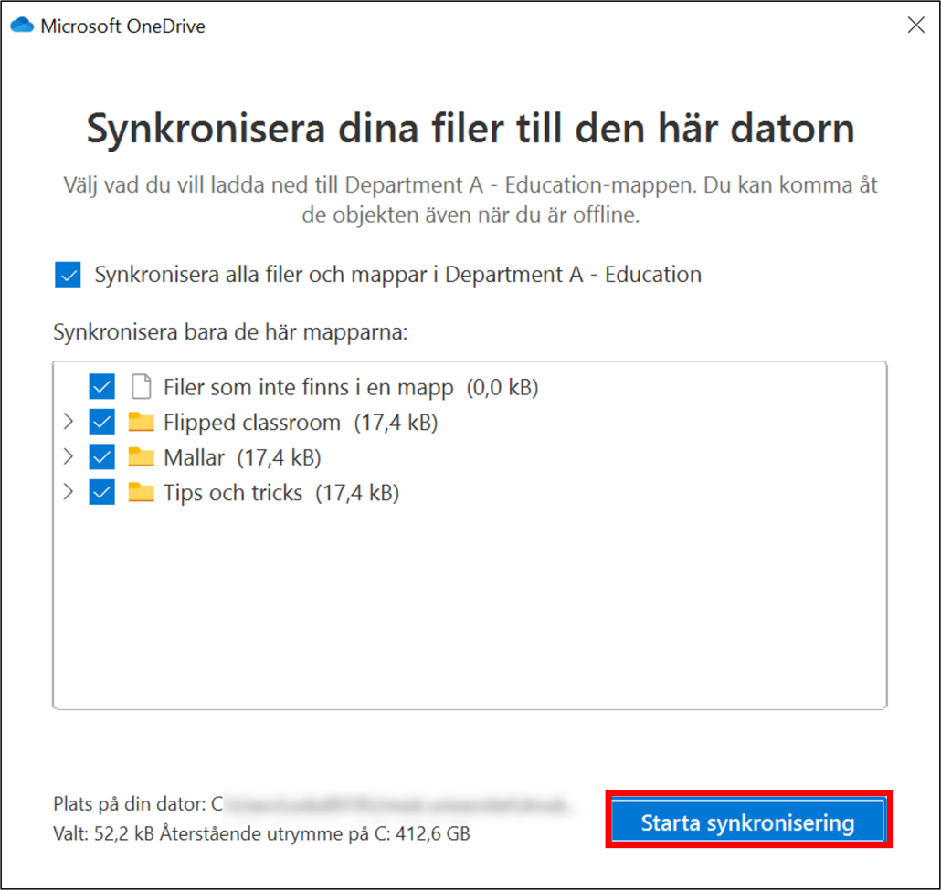 synkronisera filer från teamkanal - onedrive öppnas välj starta synkronisering