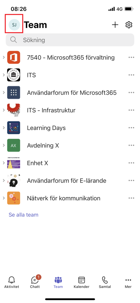 Bild som visar hur man når menyn i Teams-appen i mobiltelefon