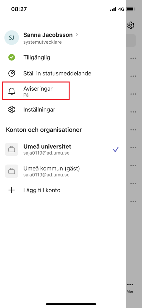 Bild som visar hur menyn ser ut i Teams appen i mobiltelefon