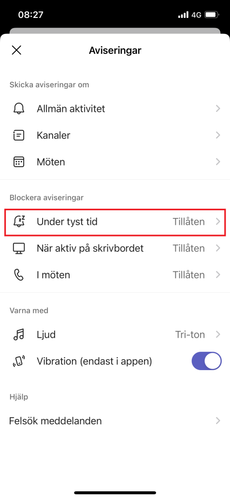Bild som visar var du kan ställa in "tysta timmar" i Teams-appen i mobiltelefon.