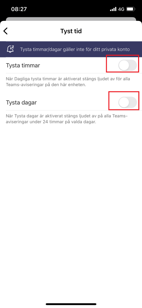Bild som visar hur du kan hantera "tyst timmar" i Teams-appen i mobiltelefon. 