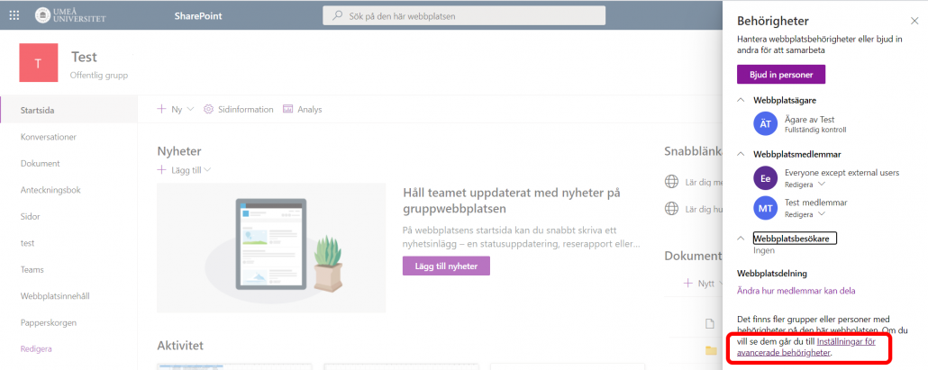 Inställningar avancerade behörigheter Sharepoint