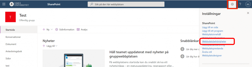 Webbplatsbehörigheter Sharepoint