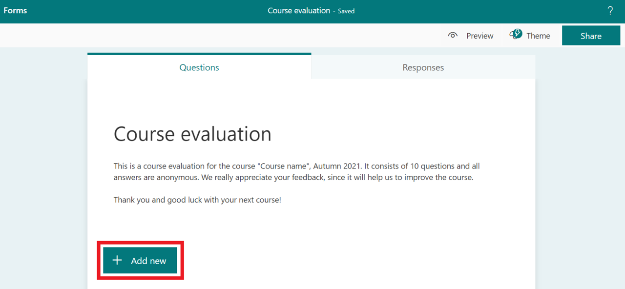 create questions in a form - add new buttom