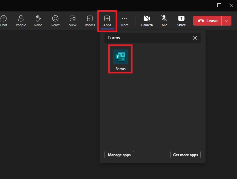 Image showing where to find the Forms app in a teams meeting