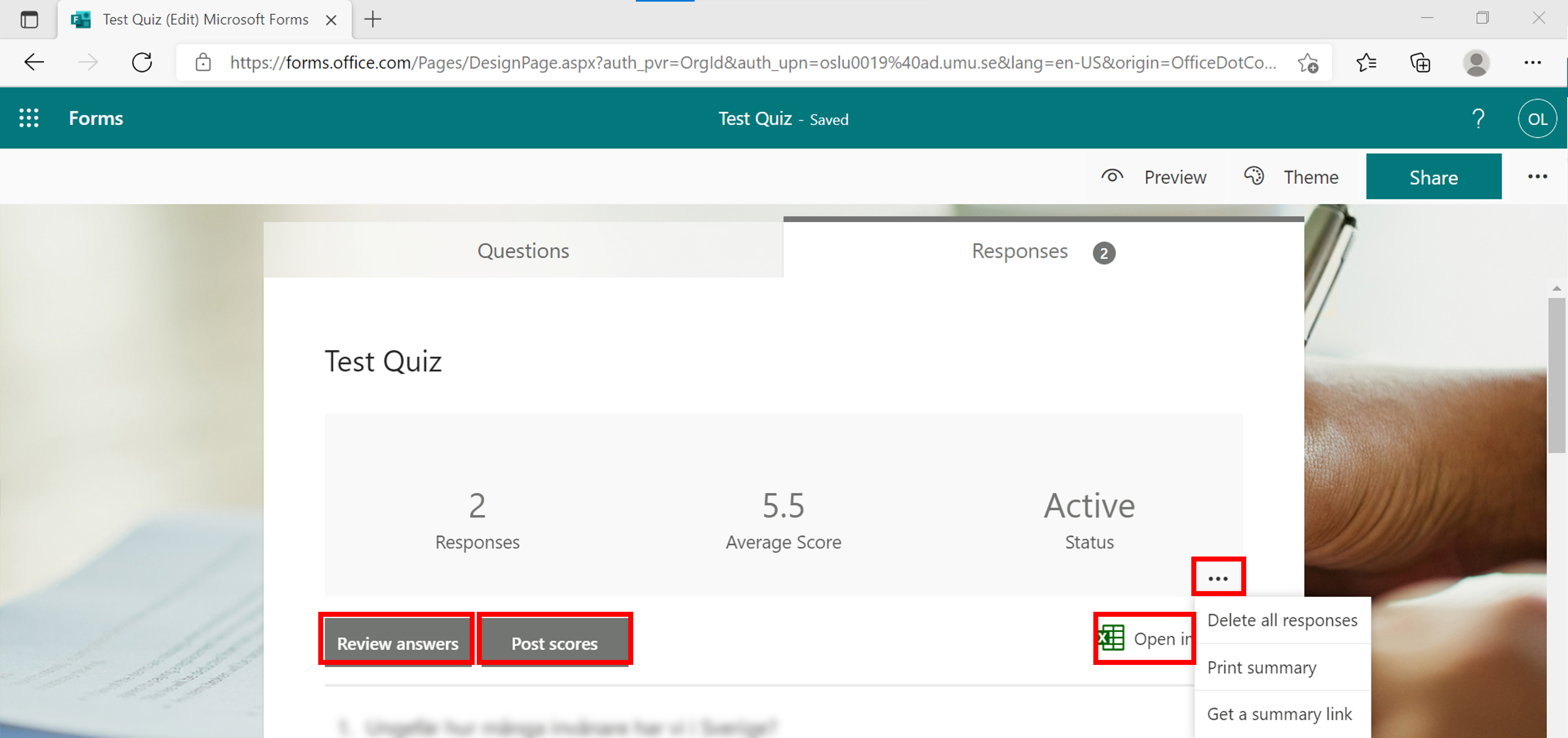 review results from a questionnare (test, quiz)