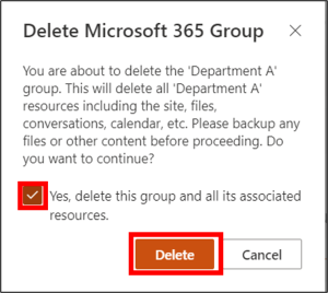 Delete team site - confirmation box
