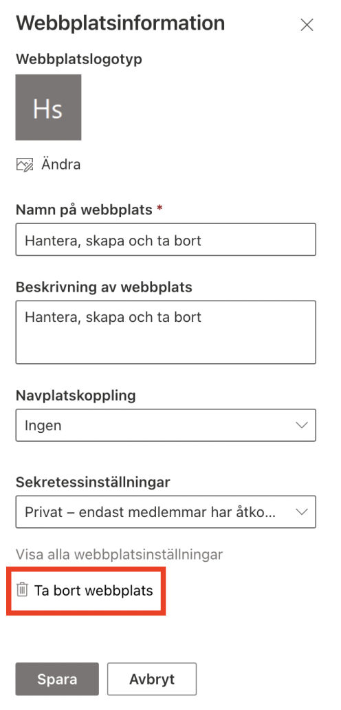 Ta bort gruppwebbplats - dialog ruta välj tabort webbplats