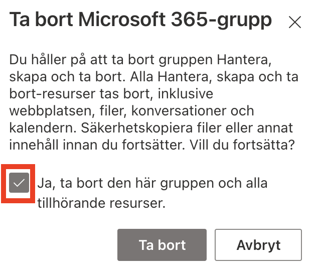 Ta bort gruppwebbplats share point - säkerhetsruta