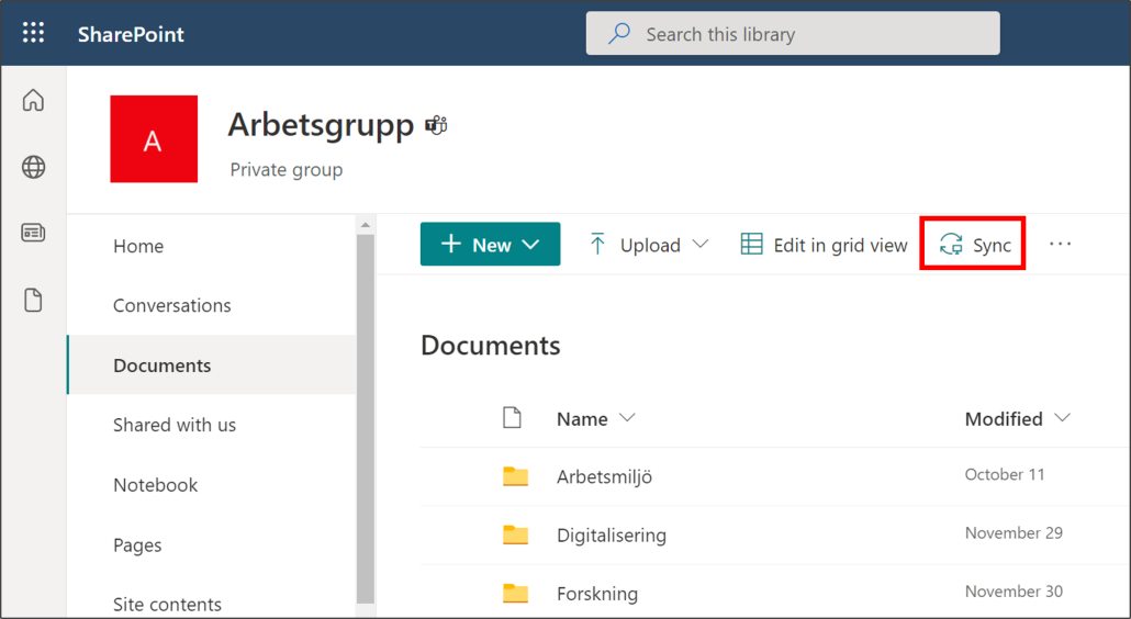 sync files from shareed sharepoint liberar - click on sync