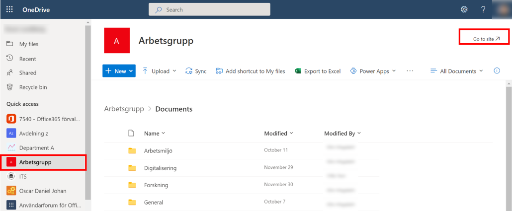 sync files from shareed sharepoint liberar - select team - click go to site