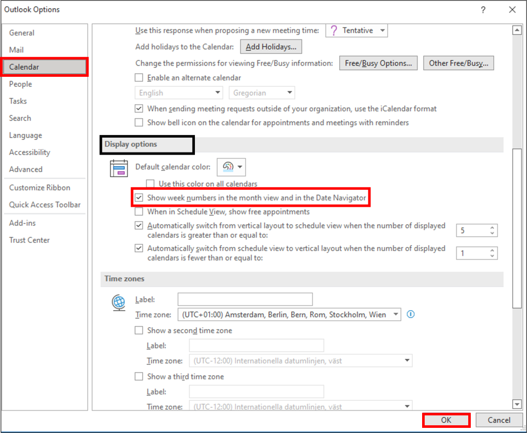 Activate weeknumbers in Outlook for Windows - choose calendar and show week numbers in the moth view and in the date navigator