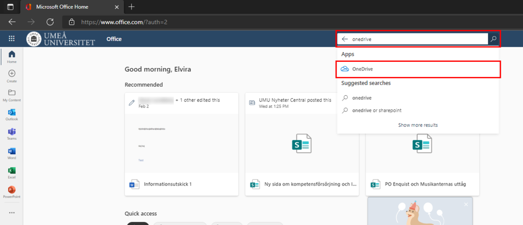 Office portalen sök onedrive välj onedrive