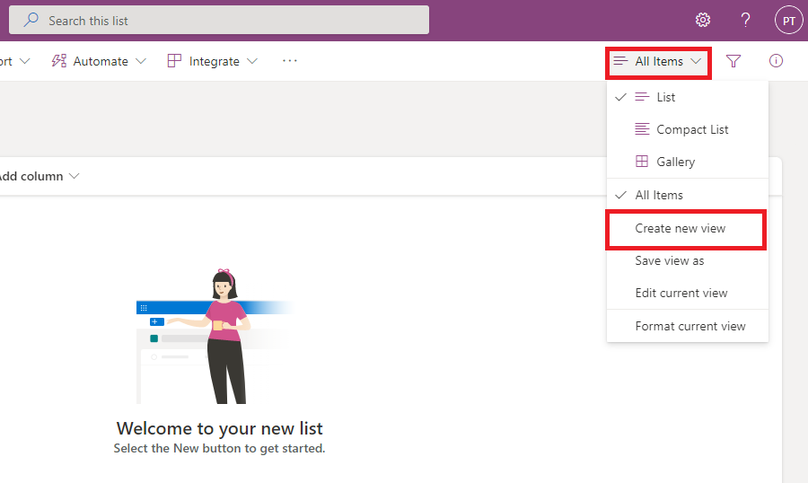Image showing how to choose "All items" i Microsoft lists