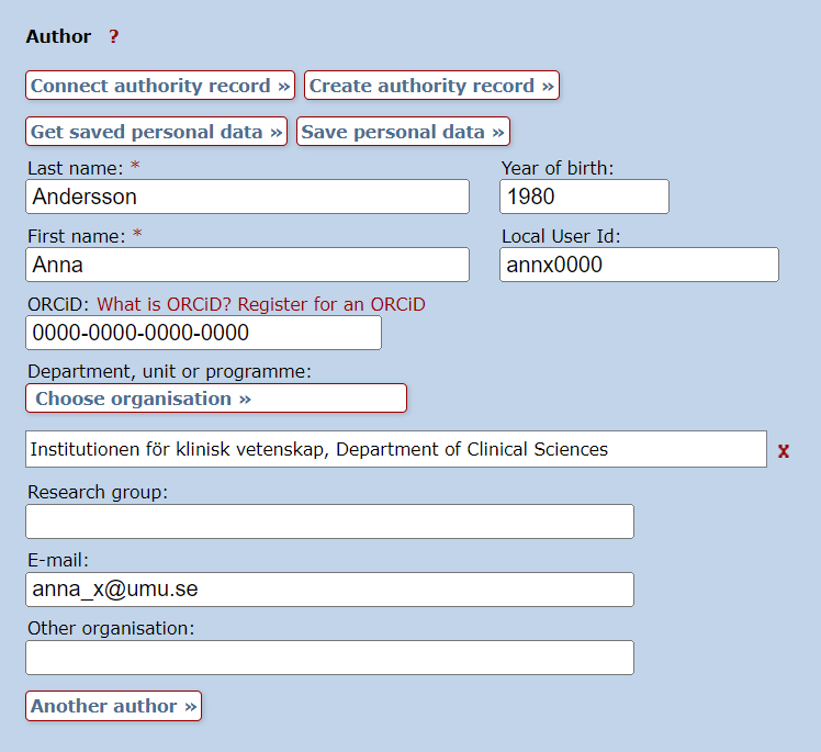 Pre-filled information about an author in DiVA. The button Create authority record is above the fields.