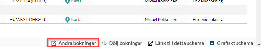 Ändra bokningar finns längst ner på sidan