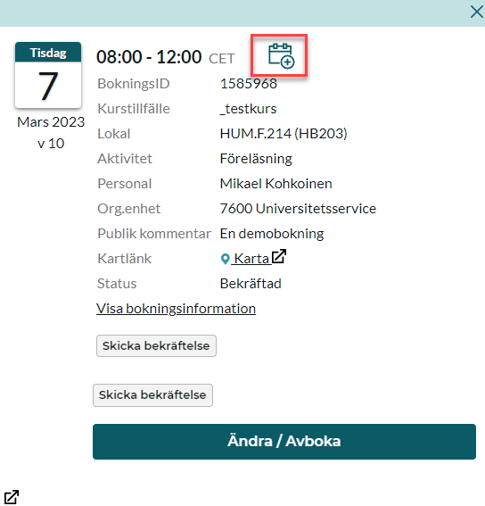 Klicka på en bokning för att öppna bokningsdetaljer. Kopieringsikonen finns bredvid tid.