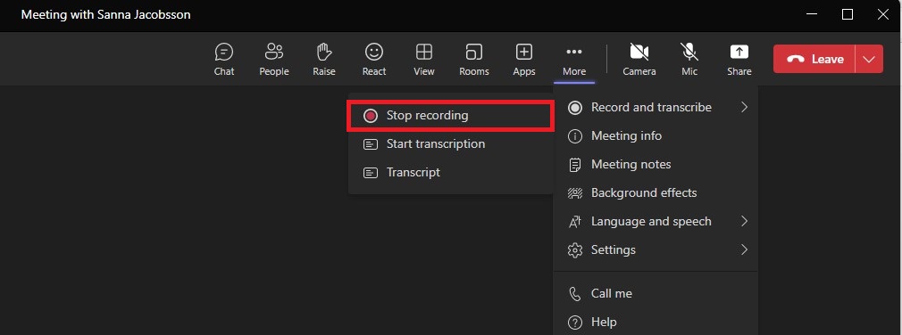 Image showing how to stop recording your meeting