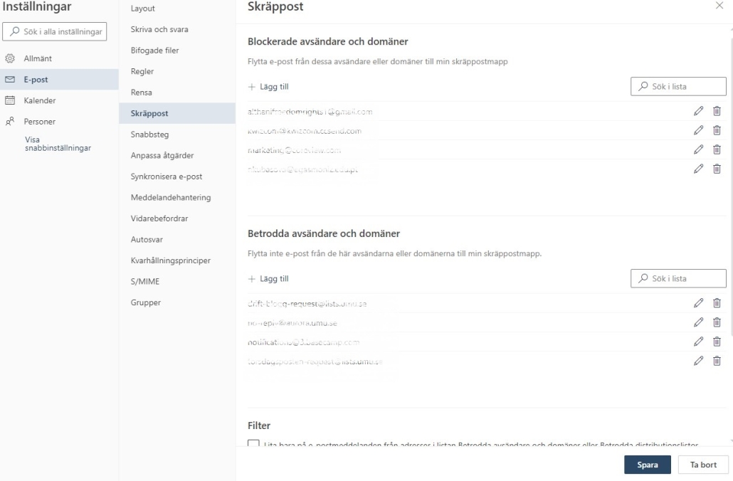 Vy blockerade och betrodda avsändare i Outlook