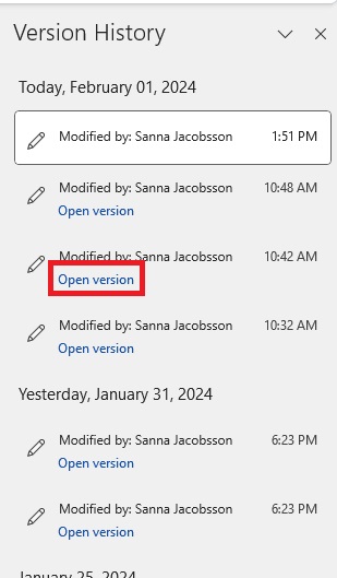 Image showing how to open a previous version of a document