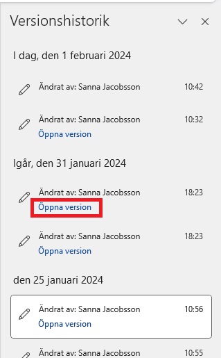 Bild som visar hur du öppnar tidigare versionen av en fil