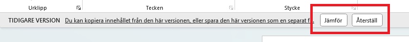 Bild som visar var du återställer eller jämför dokumentet med nuvarande version