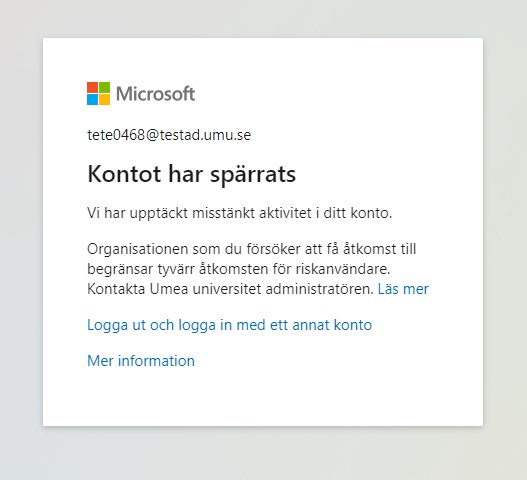 Bild som visar hur det ser ut när ditt umu-konto är spärrat