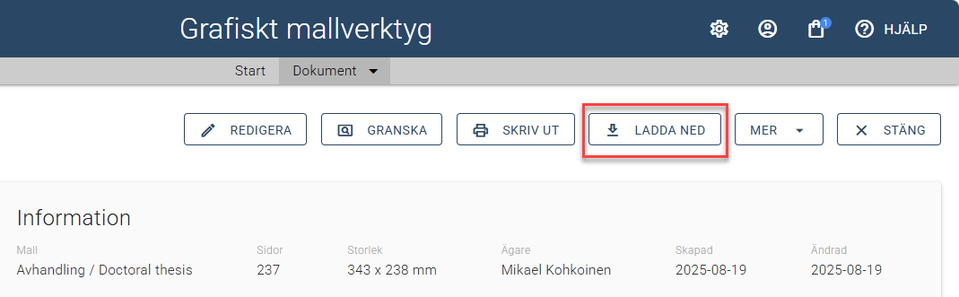 Knappen Ladda ner i Grafiskt mallverktyg