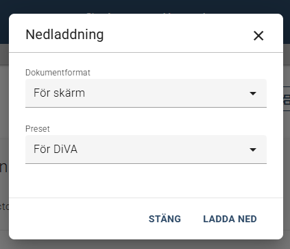 Använd Dokumentformat=För skärm och Preset=För DiVA