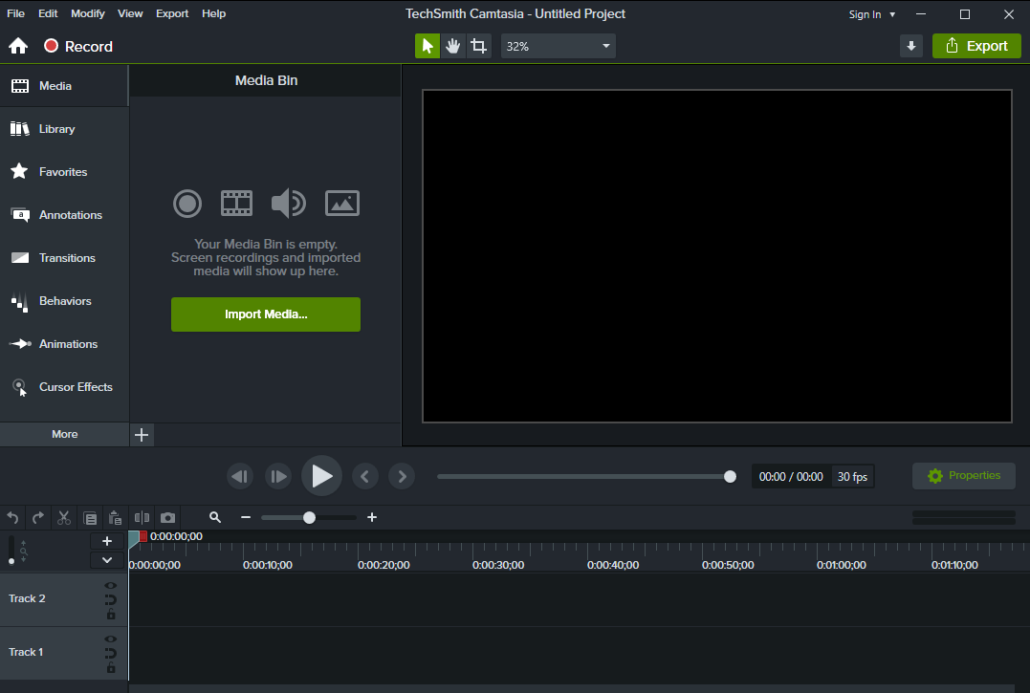 Bild på programmet Camtasia som öppnas efter man klickat på new project.