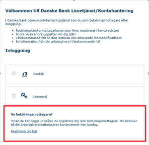 Skärmbild på sidan när man loggar in för att registrera sig för första gången.